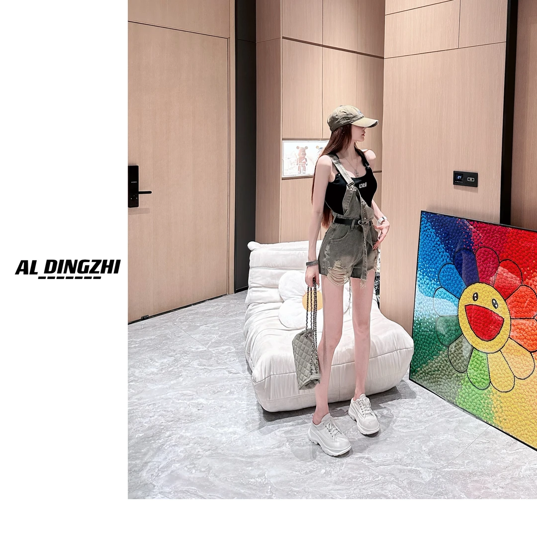 玲玲定制【怀旧背带裤】夏装显瘦连体背带可调节水洗牛仔磨破短裤