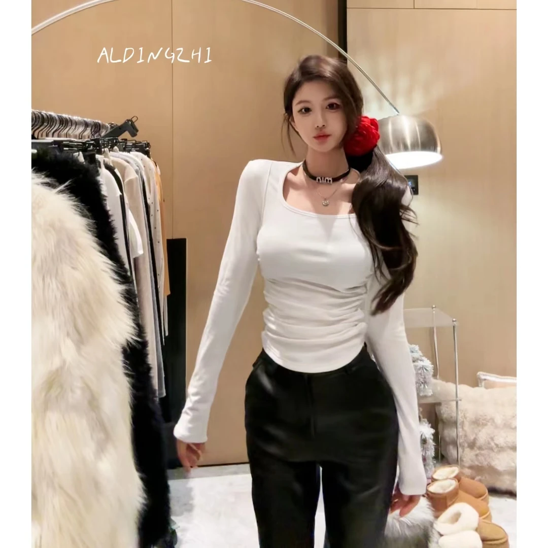 【AL DINGZHI】女友打底 圆领两边褶皱纯欲显瘦百搭收腰洋气上衣女