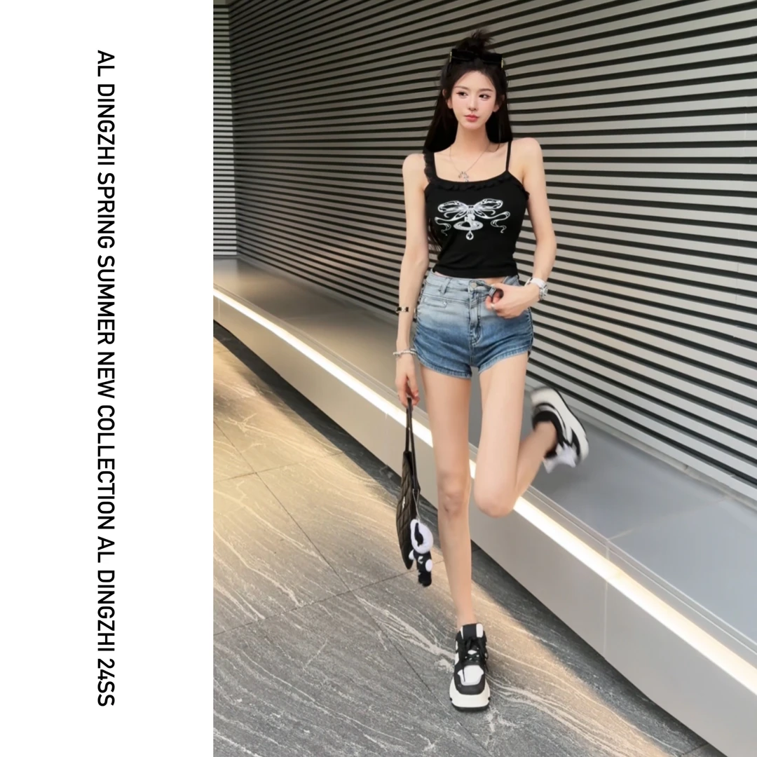 AL DINGZHI【拉腿特效】渐变褶皱牛仔短裤女夏高腰弹力显瘦辣妹热裤