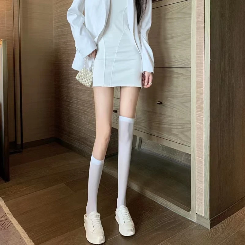 玲玲定制白色中筒过膝袜春夏薄款日系白丝长筒袜纯色透气百搭袜子