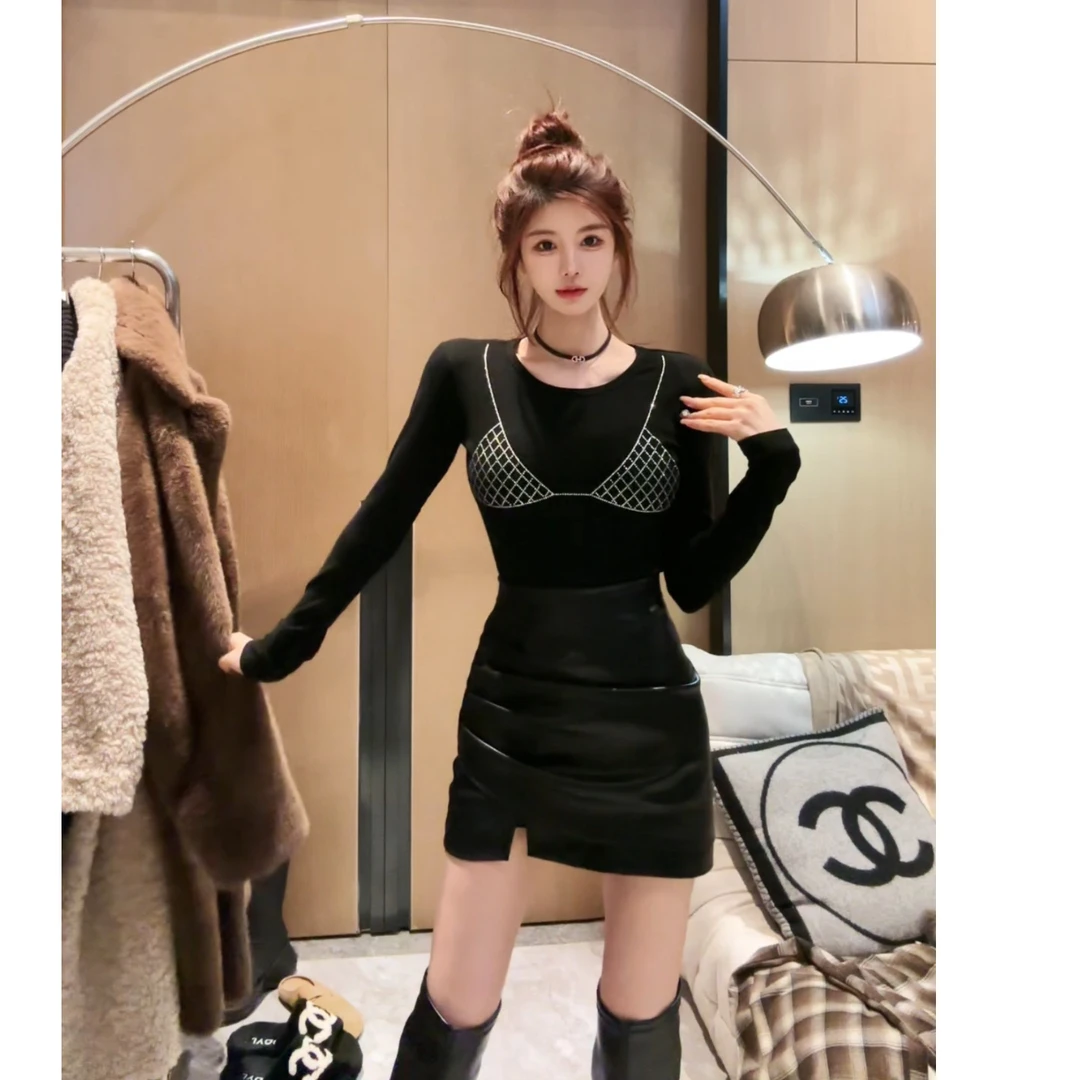 【AL DINGZHI】纯欲甜辣显胸上衣秋冬假两件烫钻长袖T恤打底衫内搭