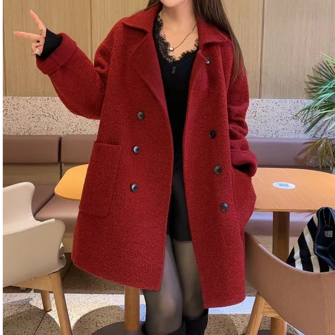 恰逢景主播同款大衣女冬款保暖上衣外套女气质红色双面羊毛大衣女