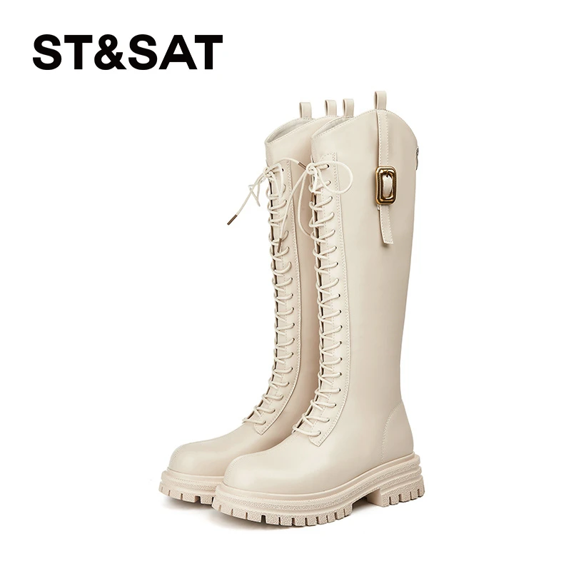 星期六时尚系带时装靴女2024秋冬新款不过膝英伦风骑士长筒瘦瘦靴