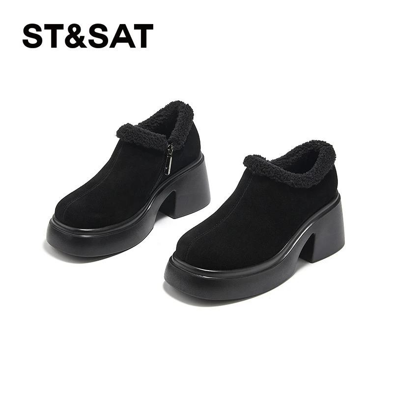 星期六厚底高跟裸靴女2025新款冬季加绒加厚防寒保暖复古东北棉鞋