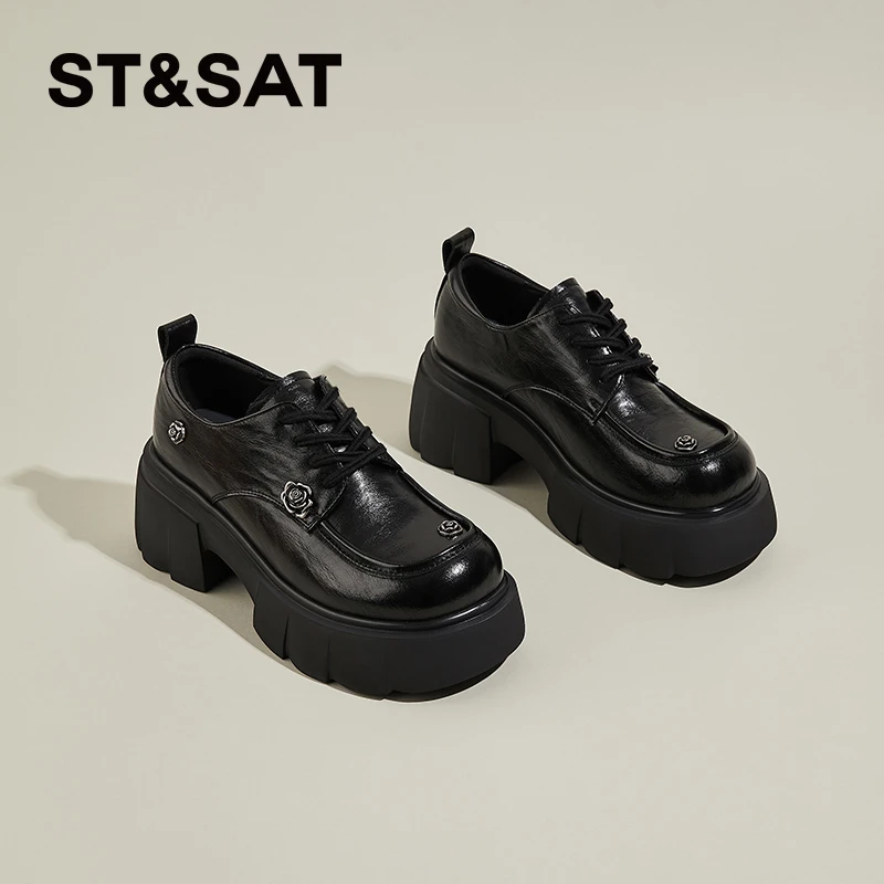 星期六英伦风厚底乐福鞋女2024秋季新时尚优雅气质舒适系带小皮鞋