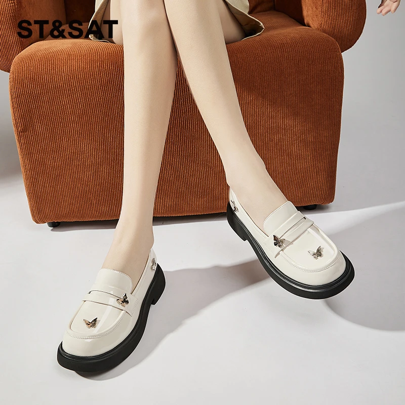 星期六厚底乐福鞋2025秋季新款时尚白色粗跟学院风软底不累脚女鞋