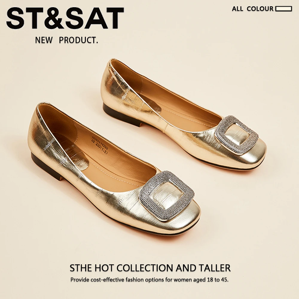 星期六浅口方头单鞋女2024夏季新款时尚气质水钻方扣一脚蹬平底鞋