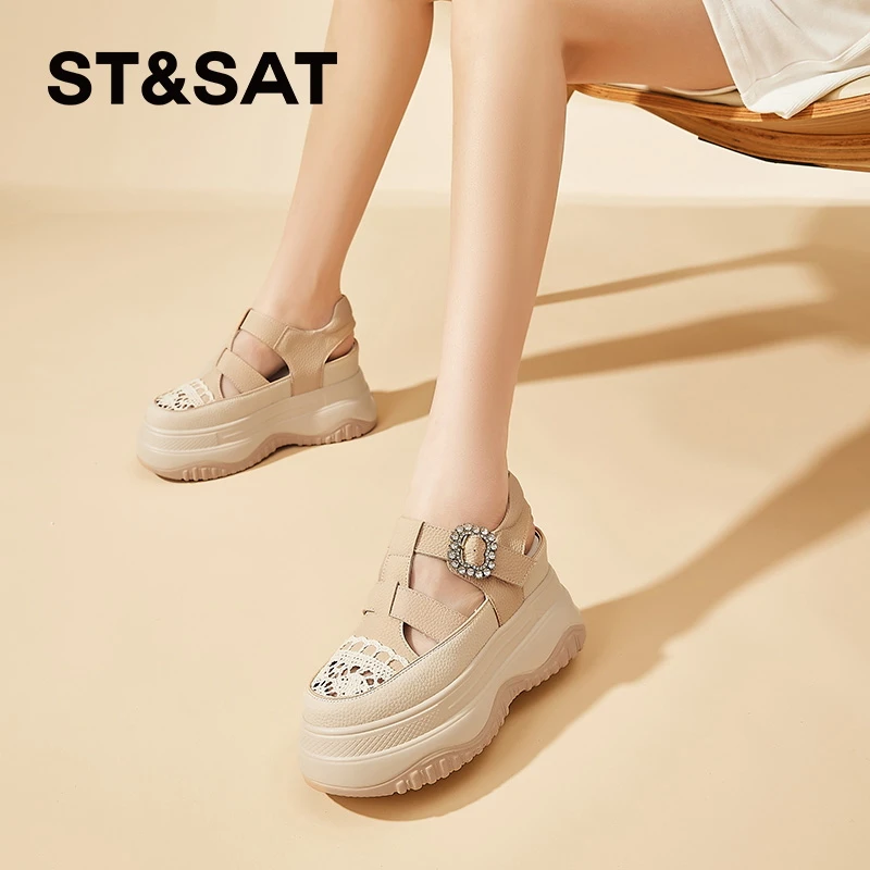 星期六包头厚底凉鞋女2025夏新款松糕女鞋时尚镂空舒适罗马猪笼鞋