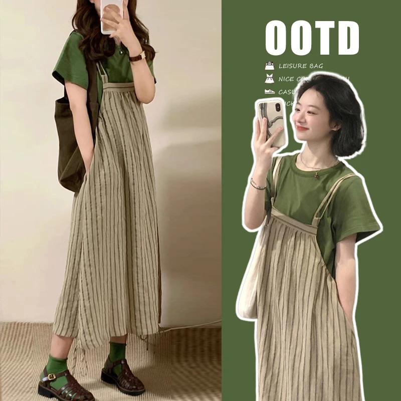 2023新款夏装女韩版宽松大码背带裙子显瘦网红洋气孕妇连衣裙套装