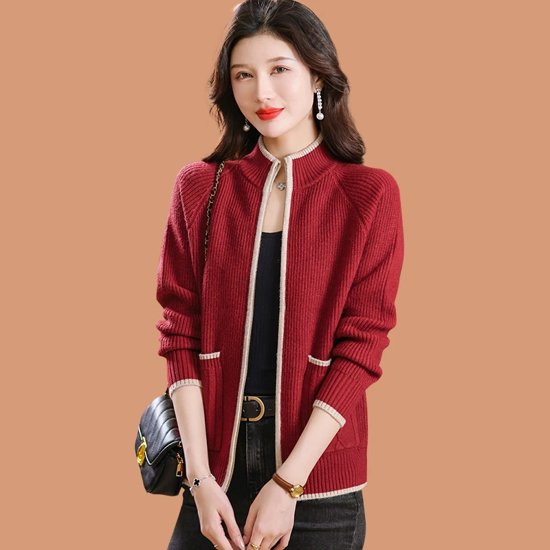 半高立领毛衣外套女春秋装2023新款拉链外搭披肩上衣羊毛针织开衫