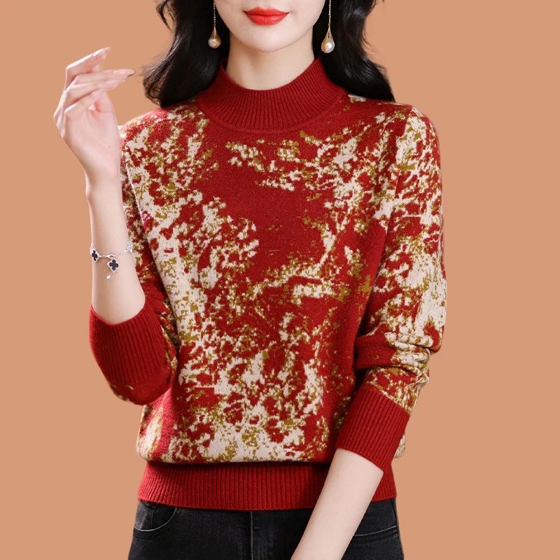 半高领毛衣女秋装2024日常新中式国潮风印花针织上衣洋气打底衫