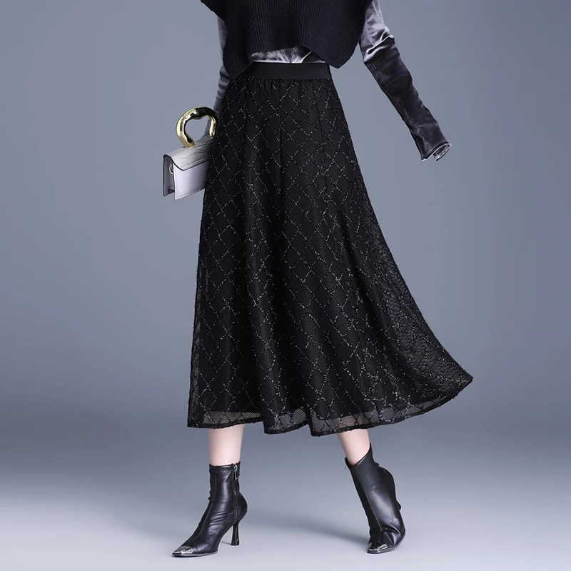 亮丝网格半身裙女秋冬中长款大摆裙2024新款显瘦小香风高腰a字裙