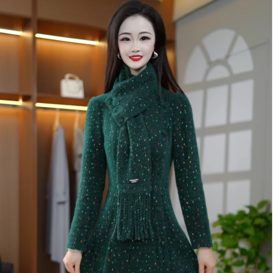 秋季新款气质时尚精致修身围巾款减龄连衣裙M-4XL