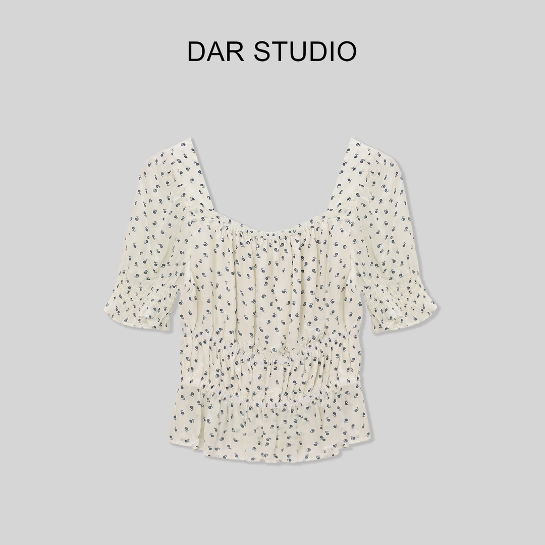 DAR STUDIO 【云朵衬衫】2024夏季新款蓝玫瑰碎花短袖上衣85253