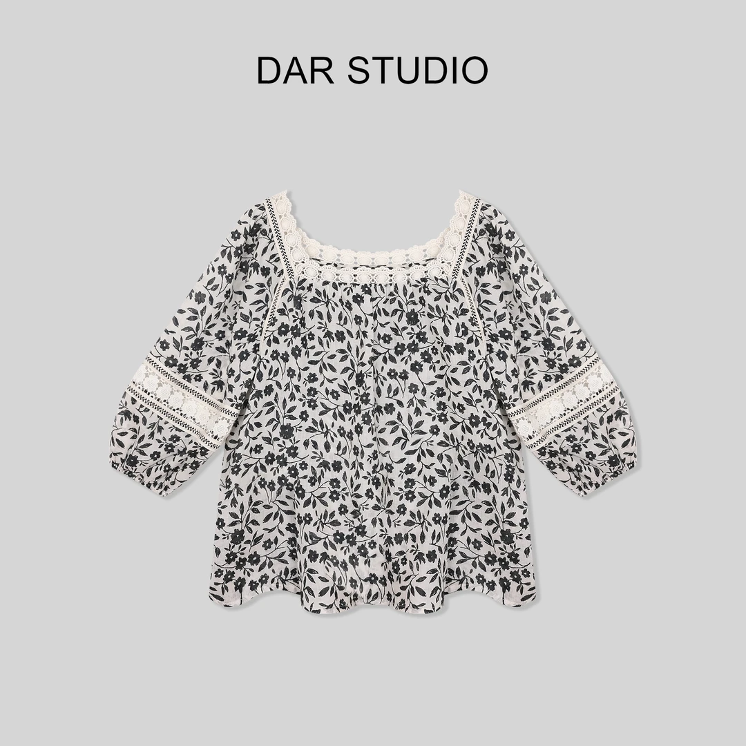 DAR STUDIO 【碎花娃娃衫】100亚麻夏季新款方领气质碎花衬衫8128