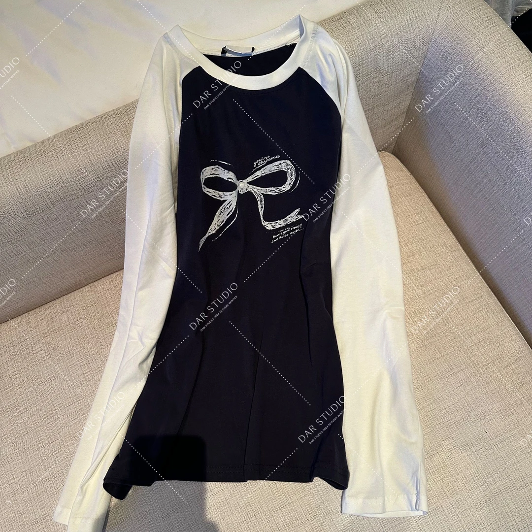 DAR STUDIO 深圳货【蝴蝶结】2024秋冬插肩袖印花长袖T恤5502