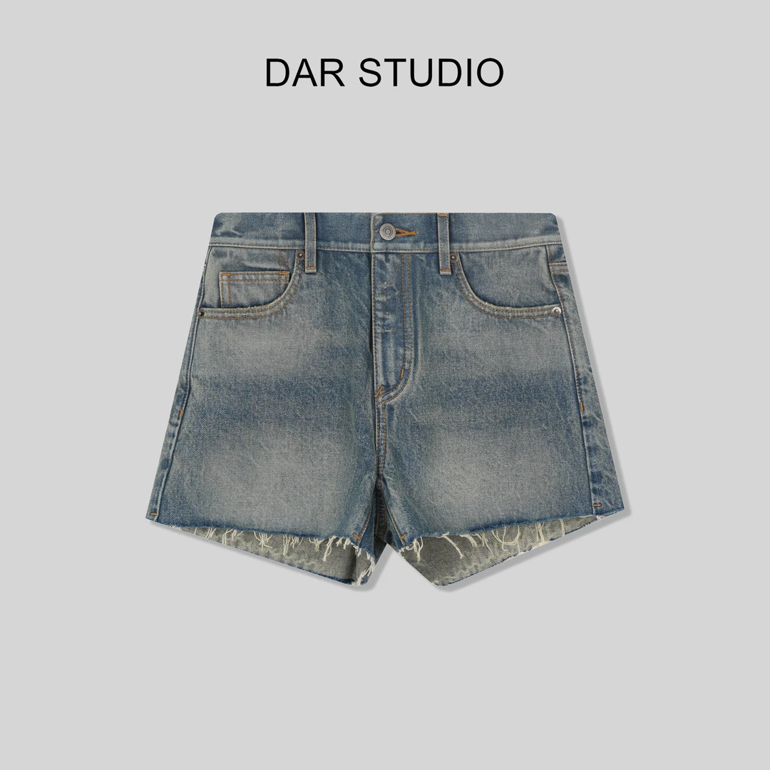 DAR STUDIO 【牛仔计划】2024夏季新款洗水百搭须须牛仔短裤