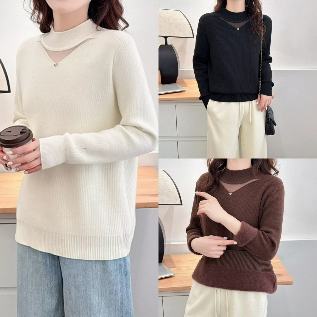 冬季新款大码半高领加绒加厚镂空针织衫时尚宽松显瘦打底衫毛衣女