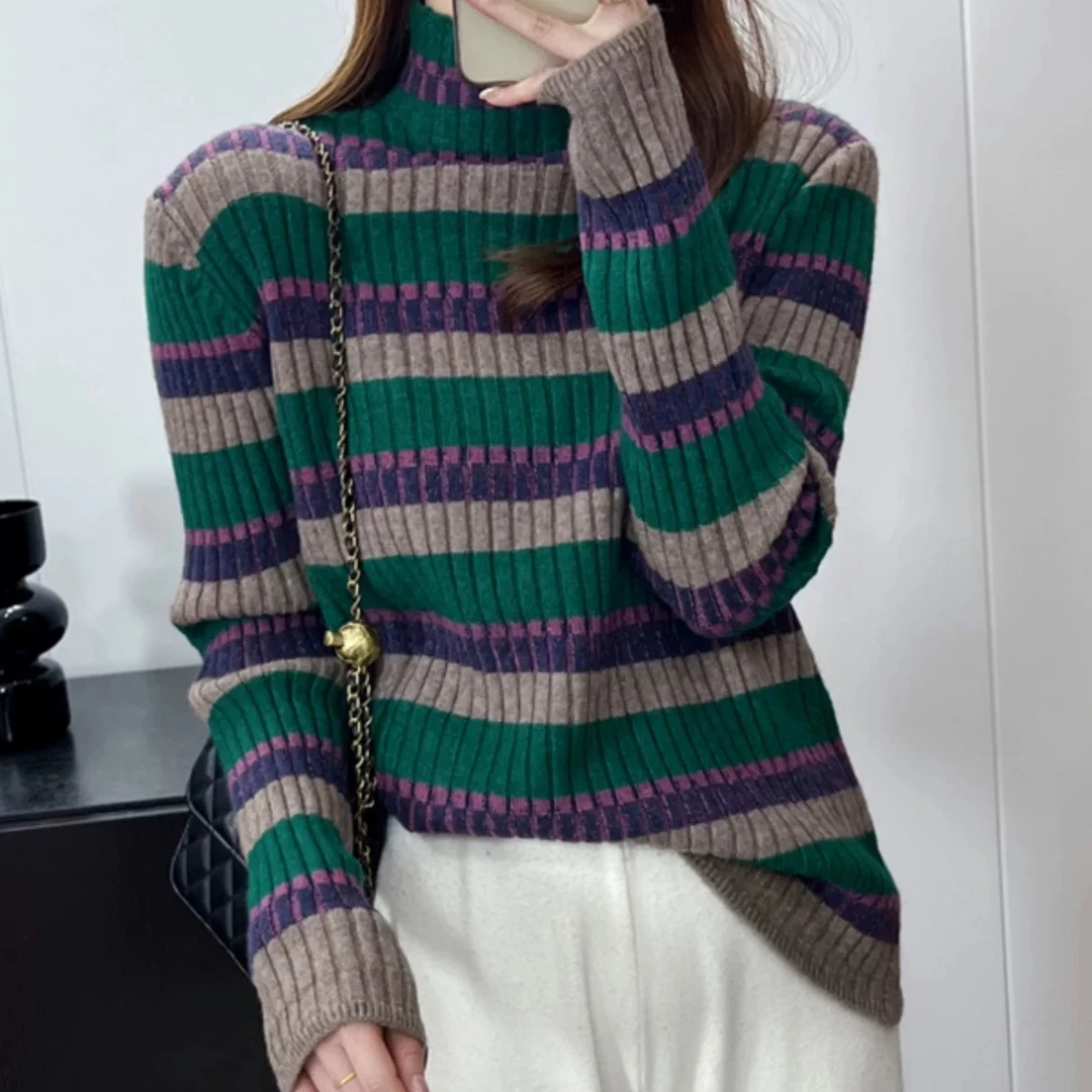 冬季大码洋气显瘦彩色条纹半高领套头毛衣时尚休闲宽松撞色打底衫