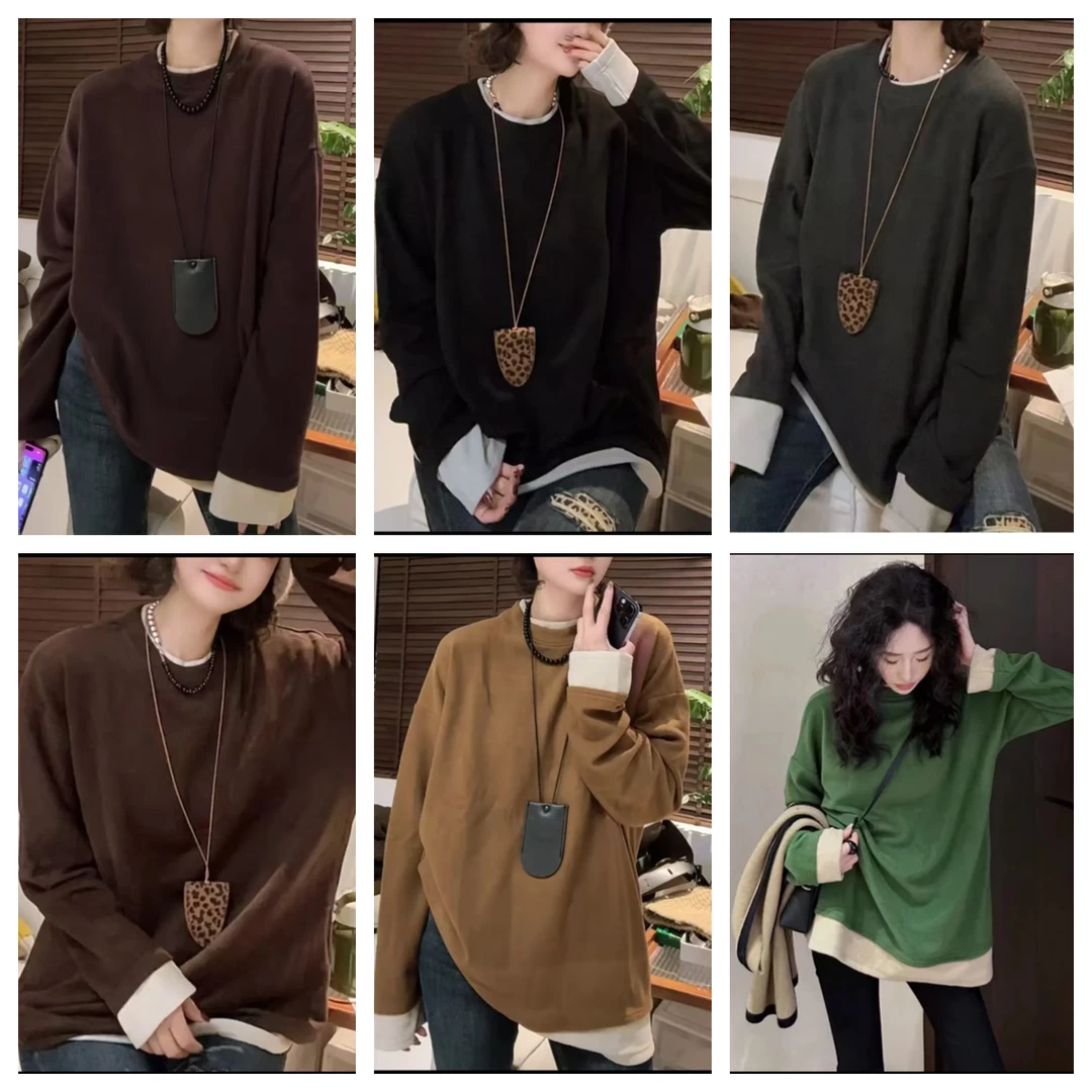 大码女装秋冬韩版宽松撞色澳绒假两件圆领长袖卫衣百搭显瘦上衣