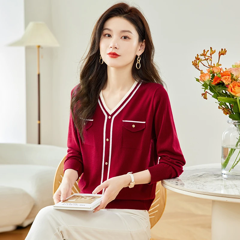 春竹羊毛衫女士春秋季时尚新款V领小香风洋气显瘦百搭针织打底衫