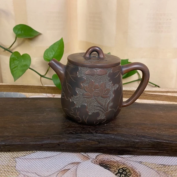 200毫升高瓢壶 坭兴陶手工茶壶 精工满雕荷花 高端茶具