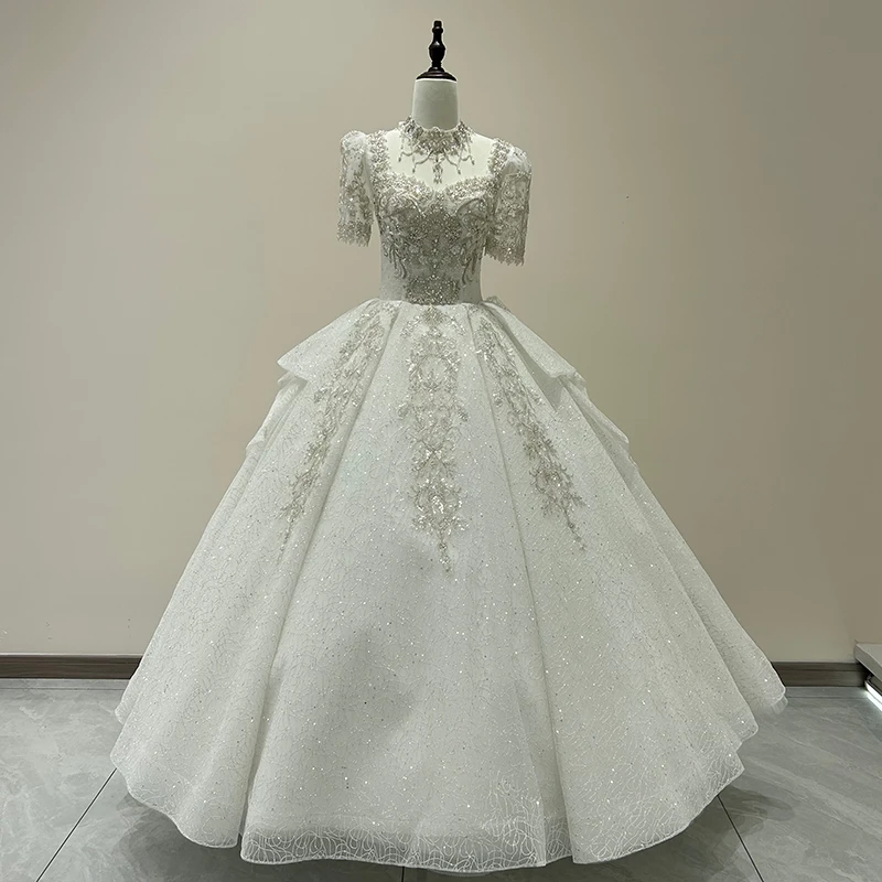 重工主婚纱2024新款新娘拖尾小个子出门纱一字肩冬季v领复古喷金