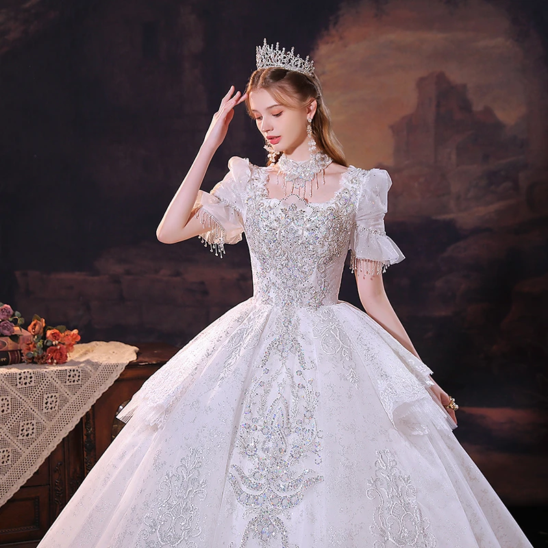 「律动莫兰迪」短袖主婚纱新娘2025新款法式一字肩长拖尾出门纱