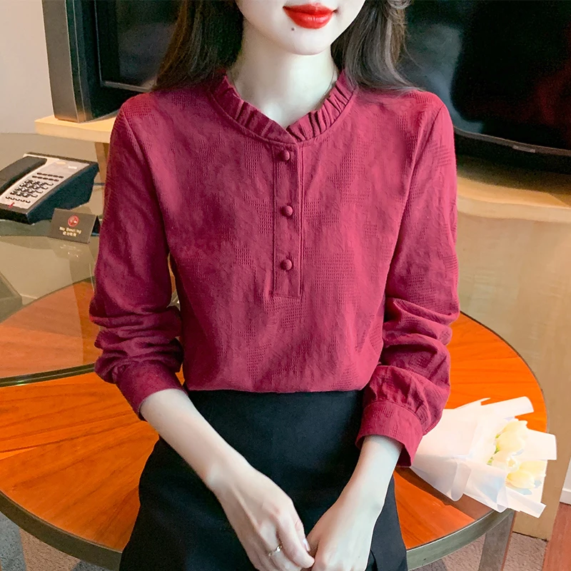 荷叶领提花纯棉女士衬衫春季2024新款百搭打底衫显瘦长袖小衫上衣