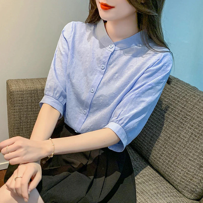 立领白色衬衫女五分袖夏季2024新款薄款气质上衣短袖显瘦洋气小衫