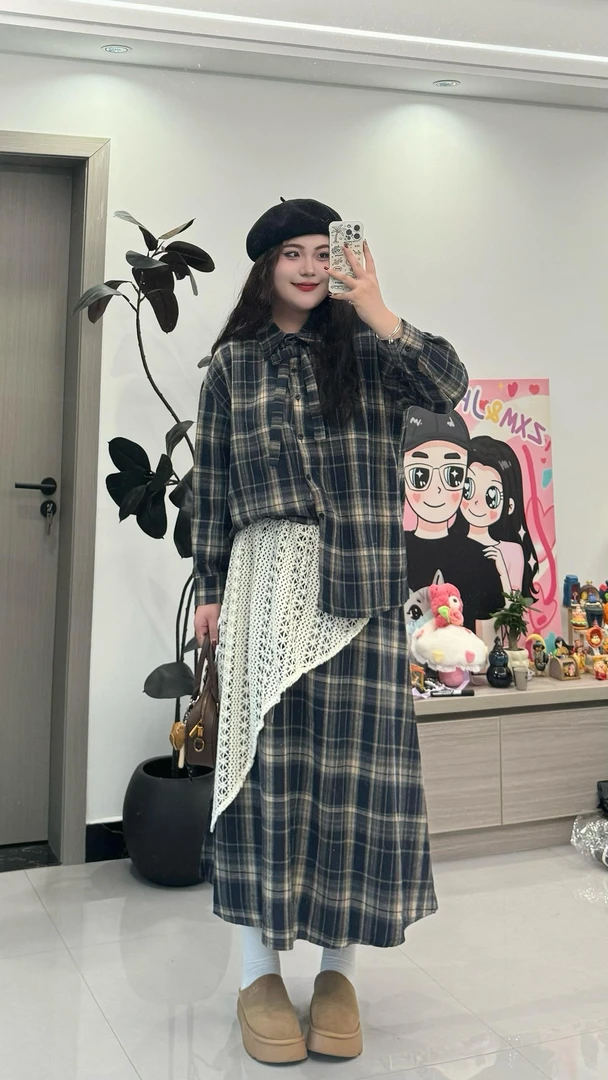 大码松弛感套装文艺日系格纹衬衫半身裙1585#