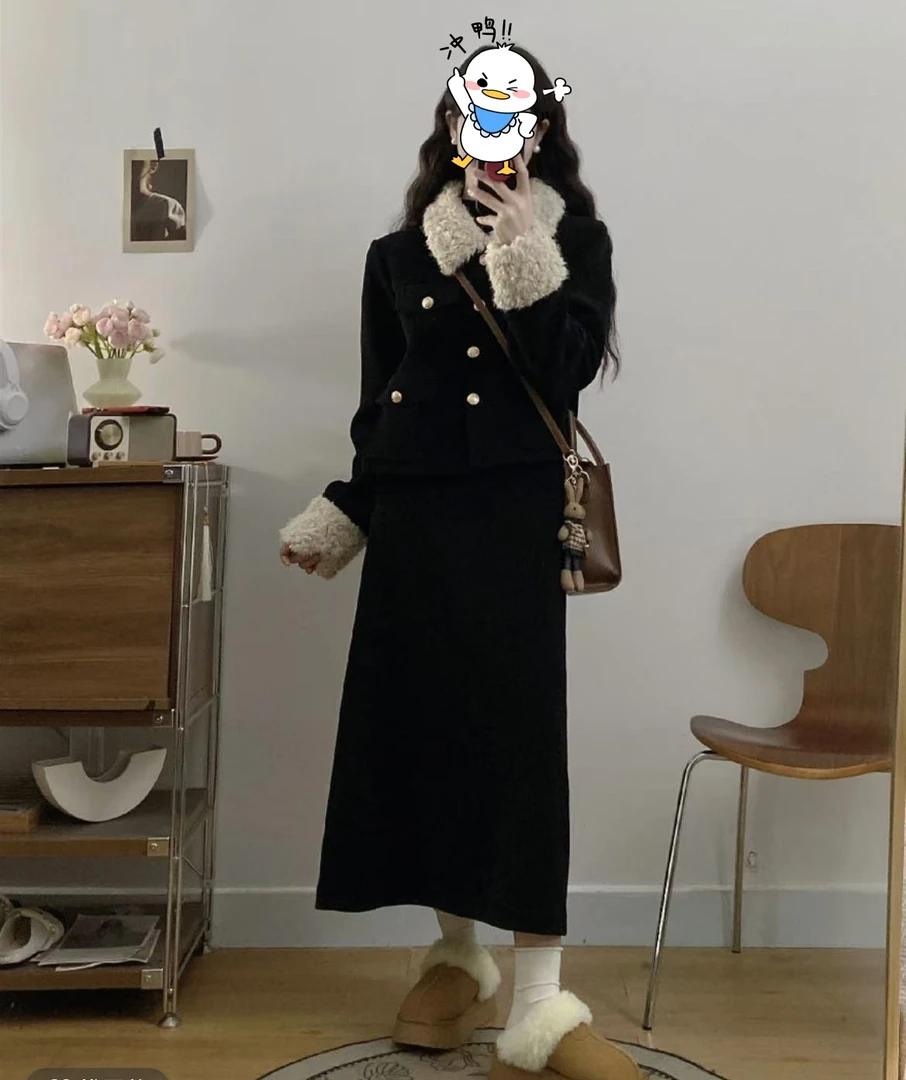 大码韩系黑色氛围感秋冬两件套小香风套装9987#