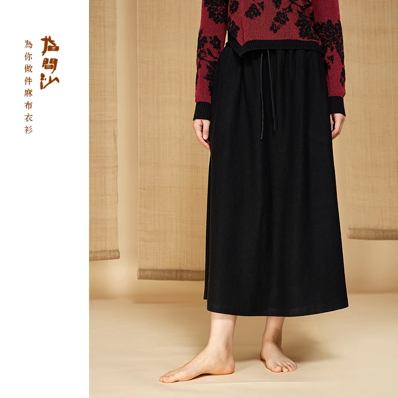 指间沙W2444294女装24冬全松紧高腰针织半裙A版文艺中长半身裙