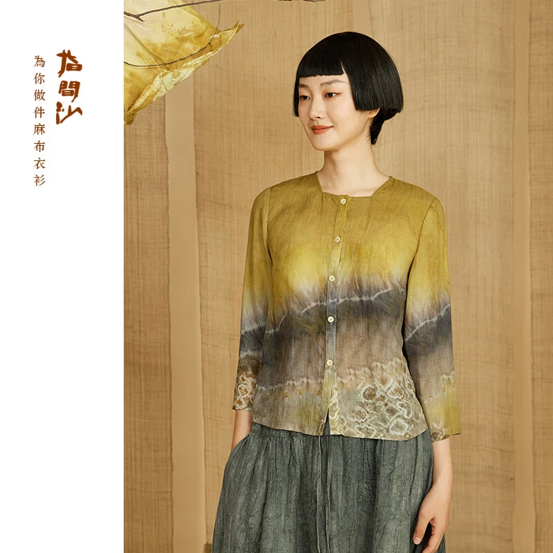 2421085指间沙女装24夏季文艺方形领七分袖短上衣通勤苎麻印花衬