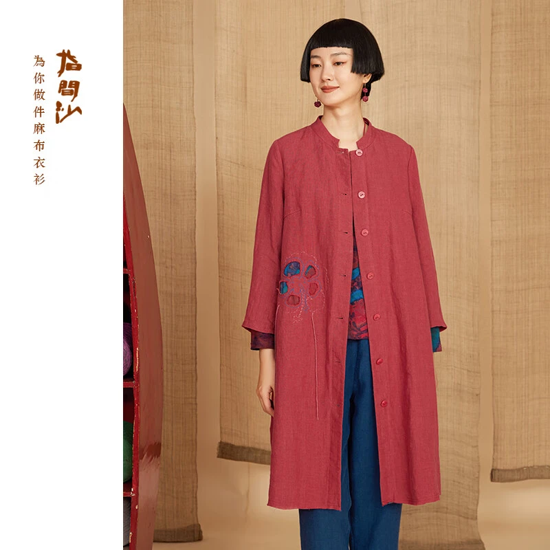 2411010指间沙女装24春季文艺立领刺绣中长外套通勤A版亚麻风衣