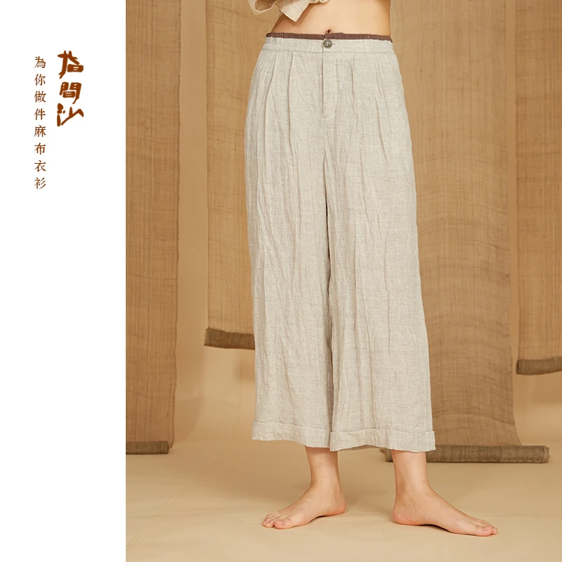 2422190指间沙女装24夏文艺半松紧高腰直筒裤压绉亚麻休闲裤