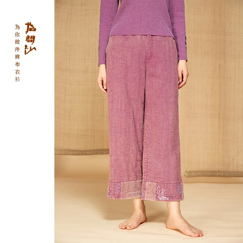 指间沙2442232女装24冬半松紧高腰炒雪花裥棉直筒裤刺绣御寒棉裤