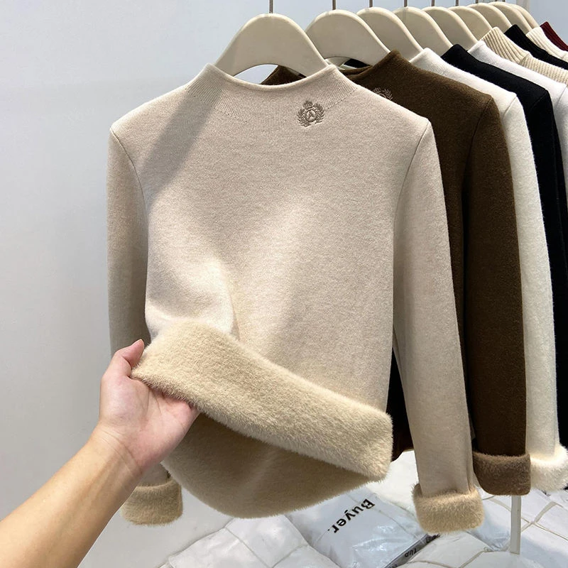 2025冬装新款半高领一体加绒加厚长袖针织衫女毛衣打底衫保暖上衣