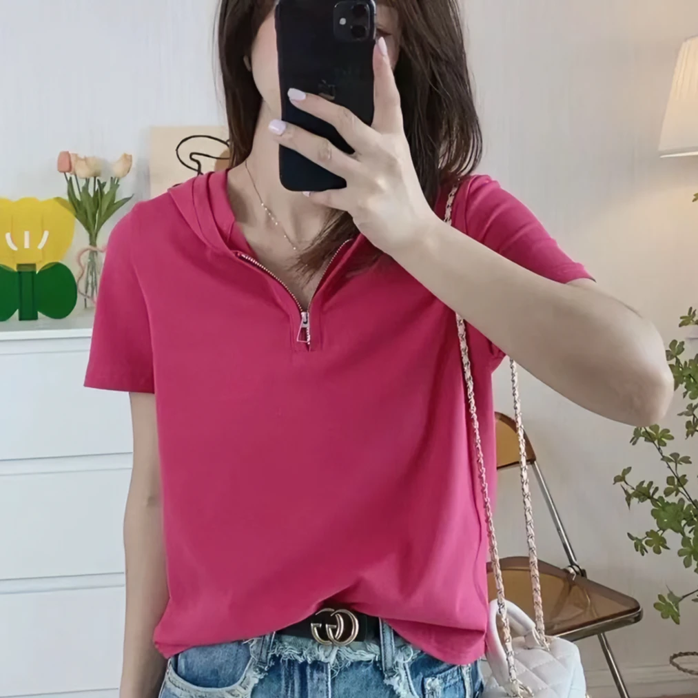 夏季连帽短袖t恤女显瘦时尚洋气休闲百搭宽松设计感韩版减龄上衣