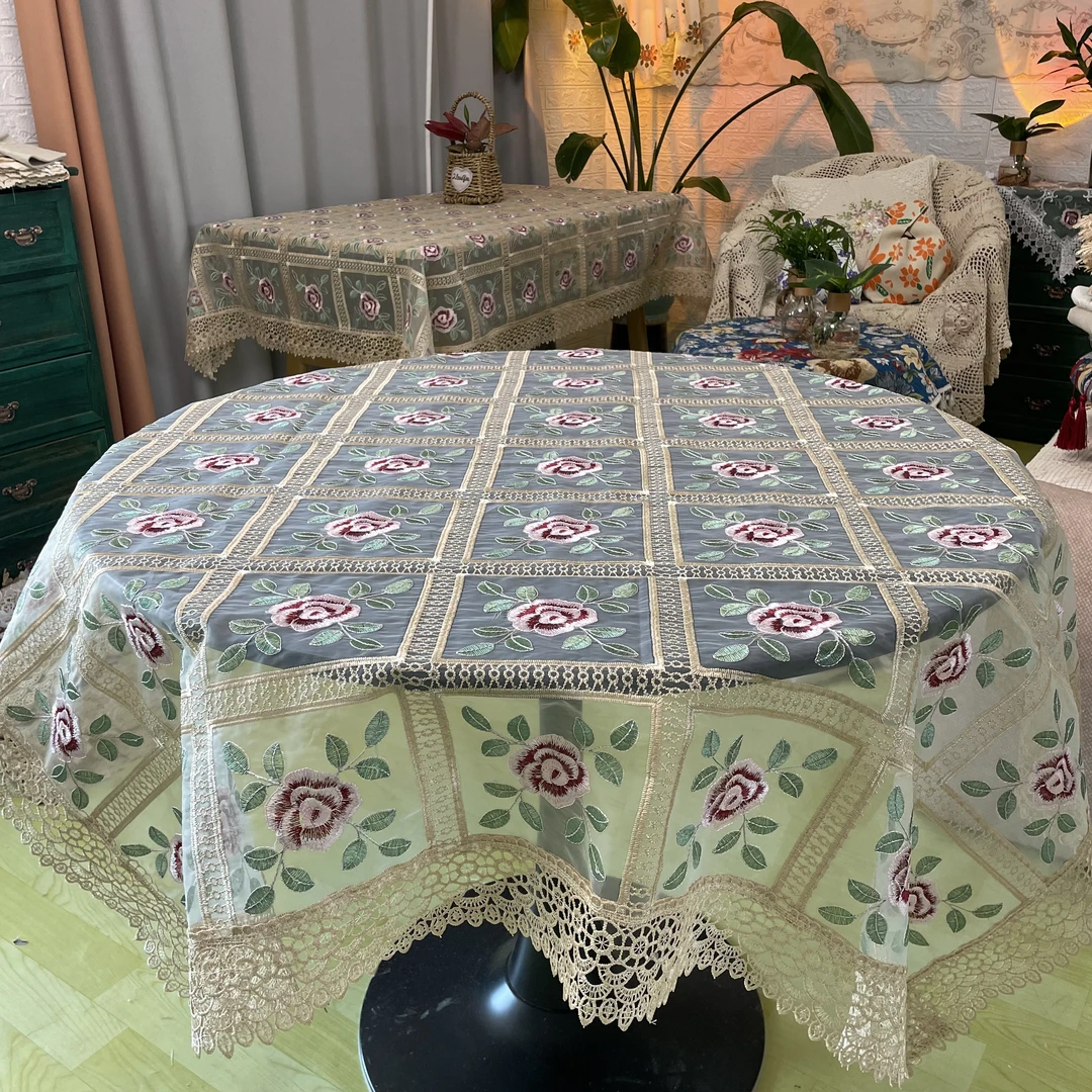 B006-16丝光线（120CM方）米色牡丹水溶花边盖巾