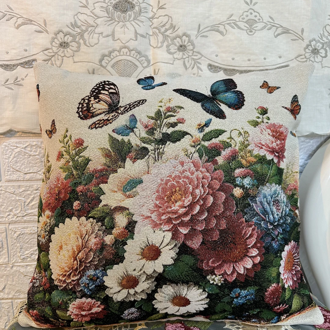 A013-8 棉麻（45*45CM/个）米色蝶恋花抱枕套