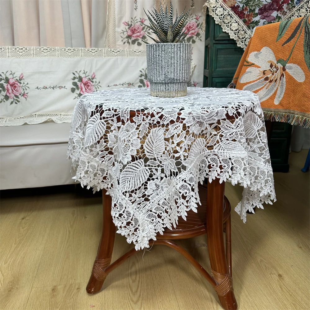 A010- 11 丝光线（90cm方）白色树叶水溶花边镂空盖巾