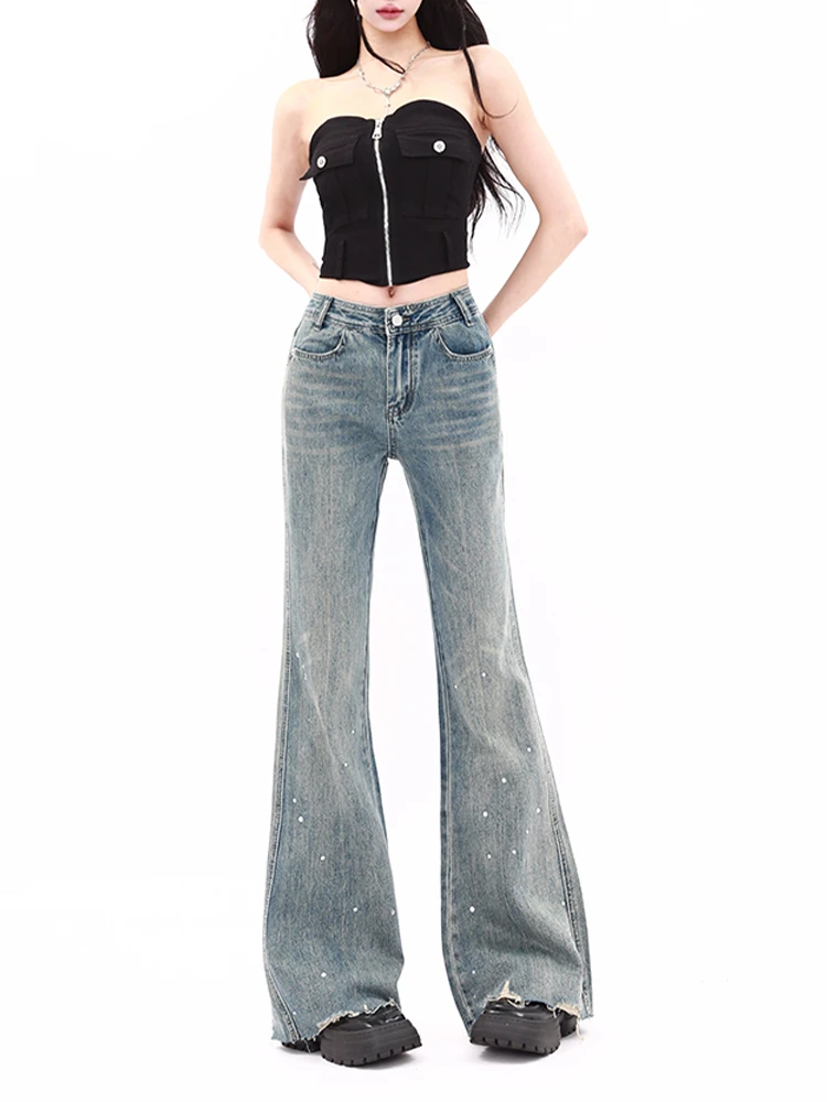 大码美式小众复古烫钻微喇牛仔裤女夏季高腰显瘦拖地毛边马蹄裤子