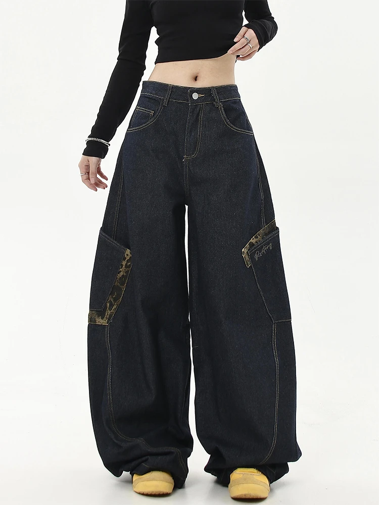 大码美式复古豹纹拼接大口袋工装牛仔裤女秋季高街宽松百搭弯刀裤