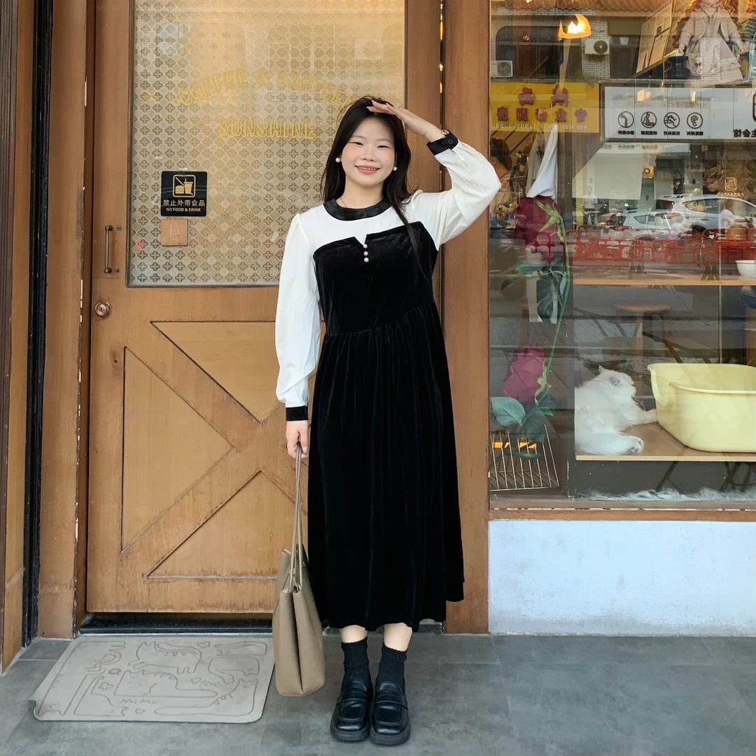 奈看家 法式连衣裙女赫本风假两件收腰显瘦气质秋款拼接丝绒长裙