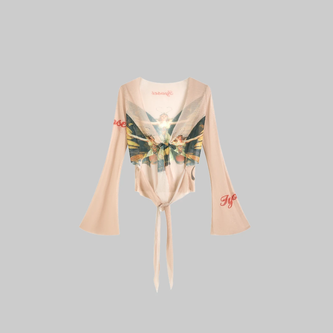 For lulu/春夏新款气质显瘦蝴蝶印花网纱款裸色长袖