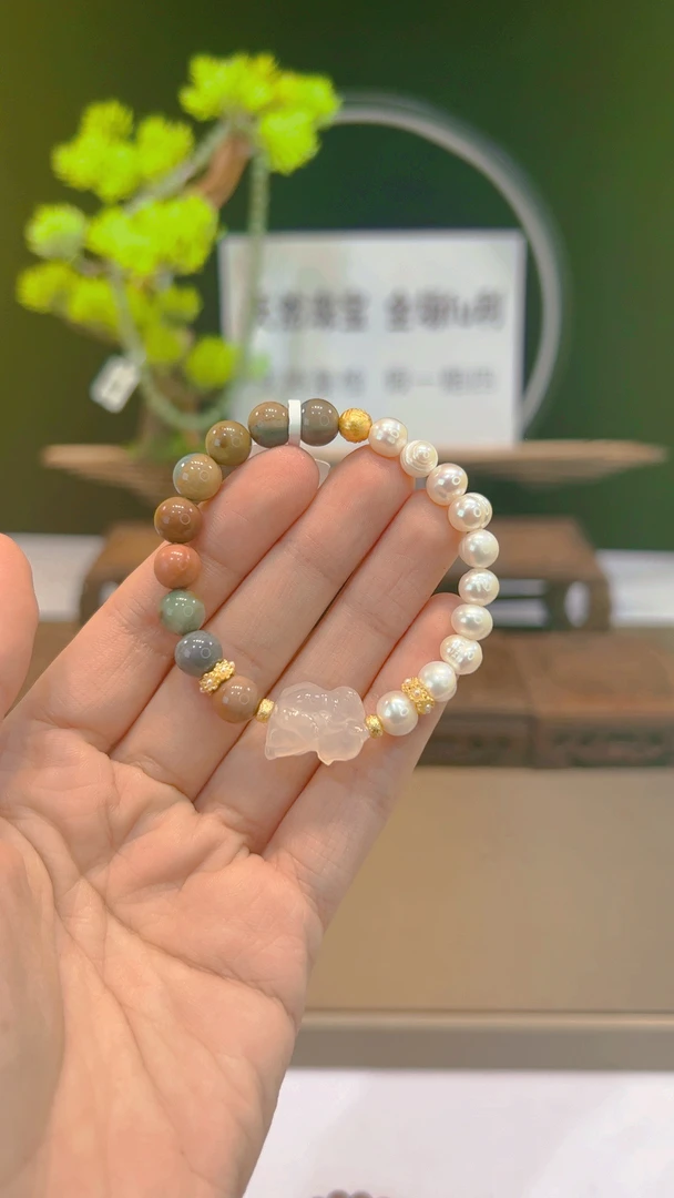 淡水珍珠手串8mm搭配石英质玉阿拉善玉珠玉髓凤九A1062多样性发一