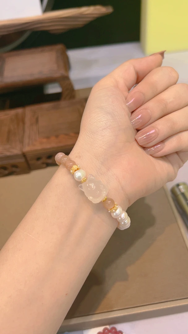 月光石橙月光手串6mm搭配淡水珍珠玉髓凤九Y902多样性发一