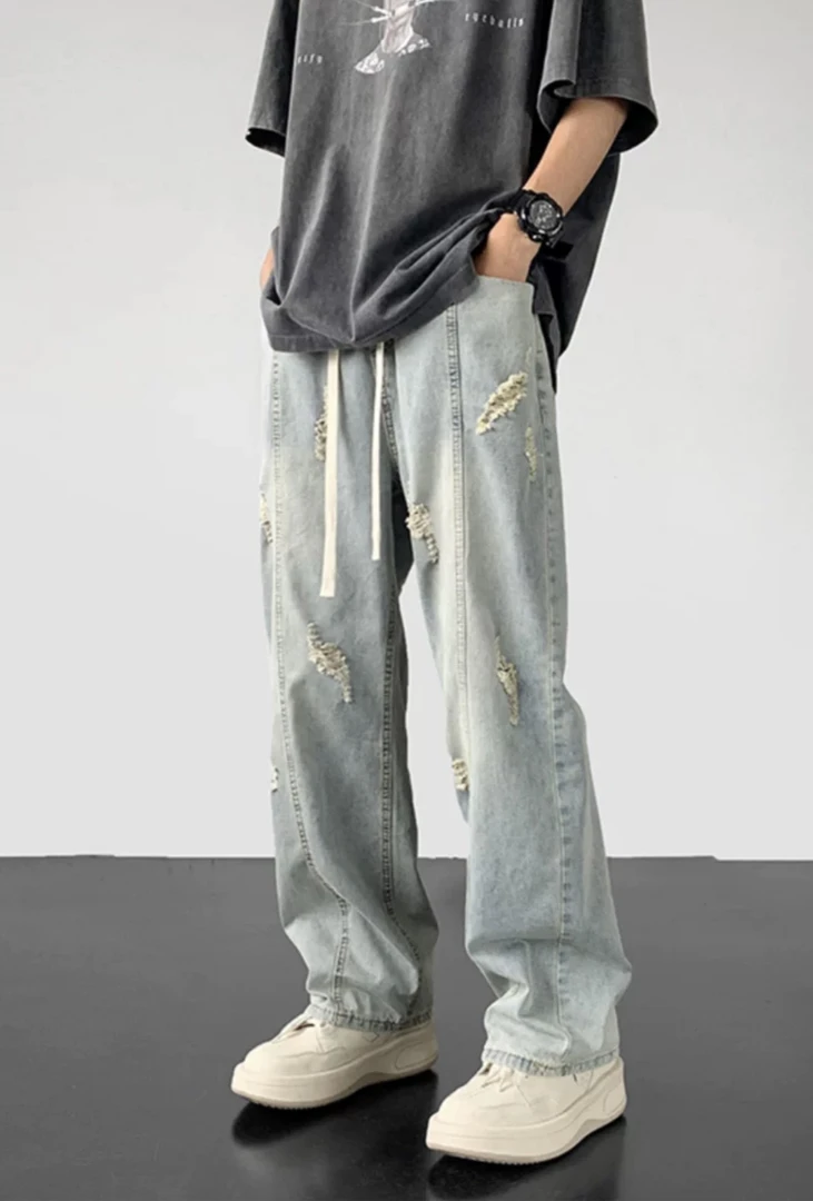 牛仔裤男款春秋季美式高街水洗破洞潮牌宽松直筒休闲长裤