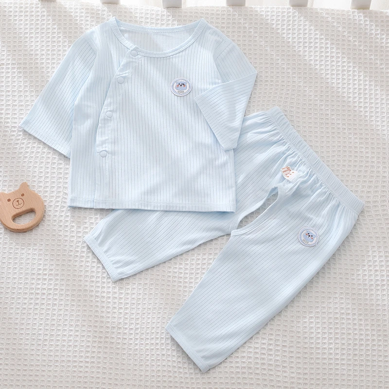 新生儿婴儿夏季套装短袖上衣开裆裤薄款宝宝冰丝凉感透气防蚊长袖